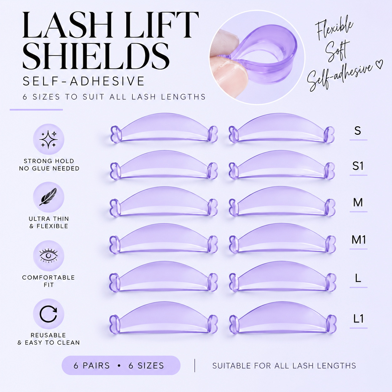 Korean Self-Adhesive Lash Lift Shields – Purple | 6 Pairs